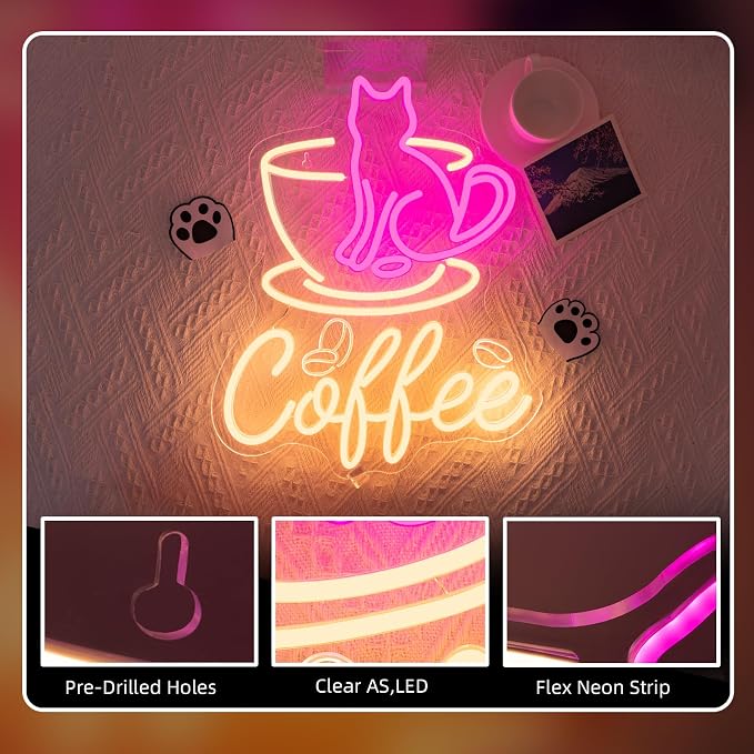 Cat Cafe Neon Sign Coffee Bar Sign Pink Cat Neon Light Cafe LED Light - Image 6