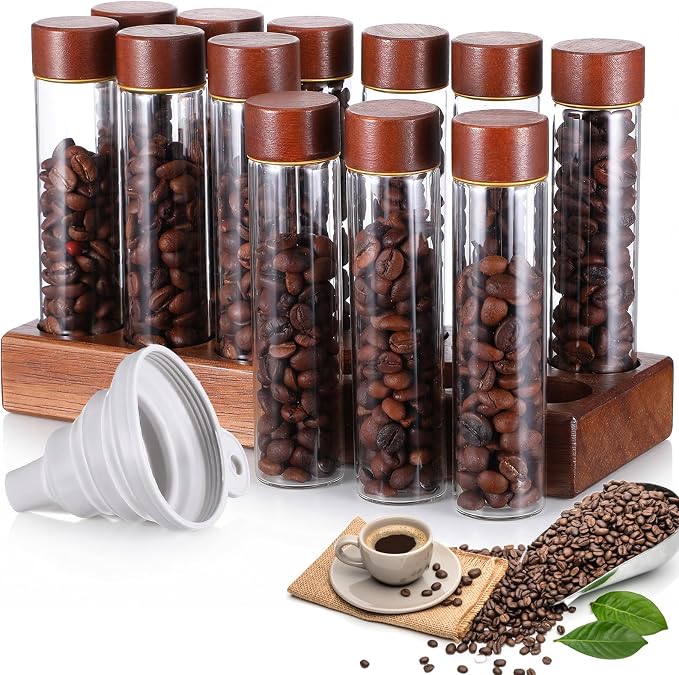 MAQUITA Coffee Bean Storage Set, Lids & Funnel, 2 oz Glass Vials by MAQUITA
