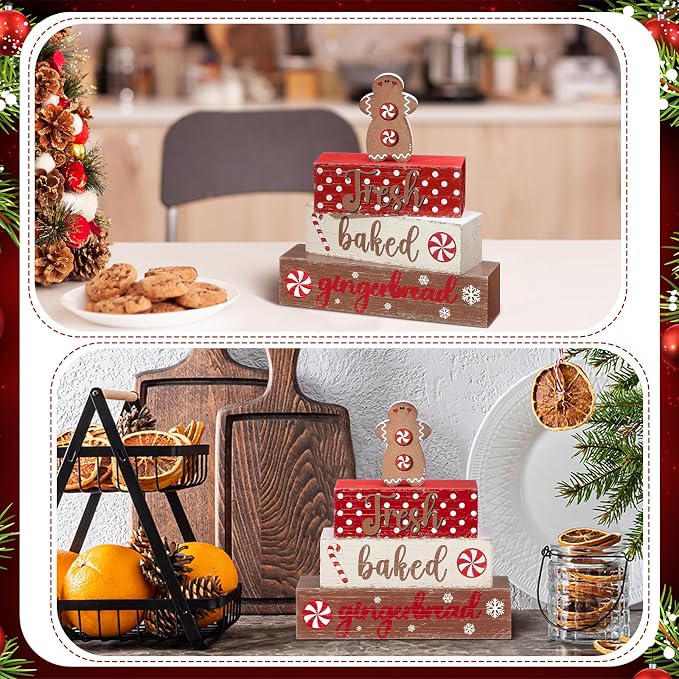 Geelin 4 Pcs Wooden Christmas Tabletop Decor Gingerbread Man Tiered Tray Decor - Image 5