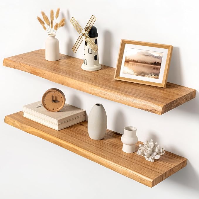 36" Live Edge Floating Shelves, 1.4" Extra Thick Solid Elm Wood Wall Shelf by Unknown