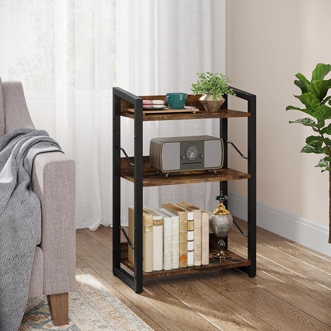 Hosfais Book Shelf Small Bookshelf: 3-Tier Wood Bookcase Industrial Bookshelf - Image 8