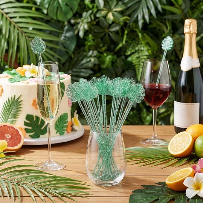Reallnaive 100 Pcs Palm Leaf Cocktail Swizzle Sticks 7.5 Inch Green Glitter - Image 2