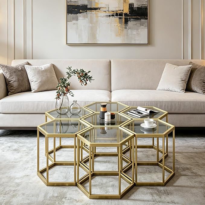 Hexagonal Modular Coffee Table, Tempered Glass Top, Geometric Accent Side Table - Image 6