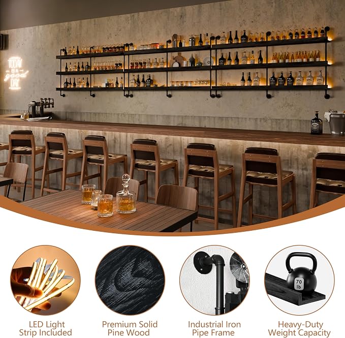 Wall Mounted Wine Rack with LED Light, LED Industrial Pipe Liquor Bar Shelves - Image 3