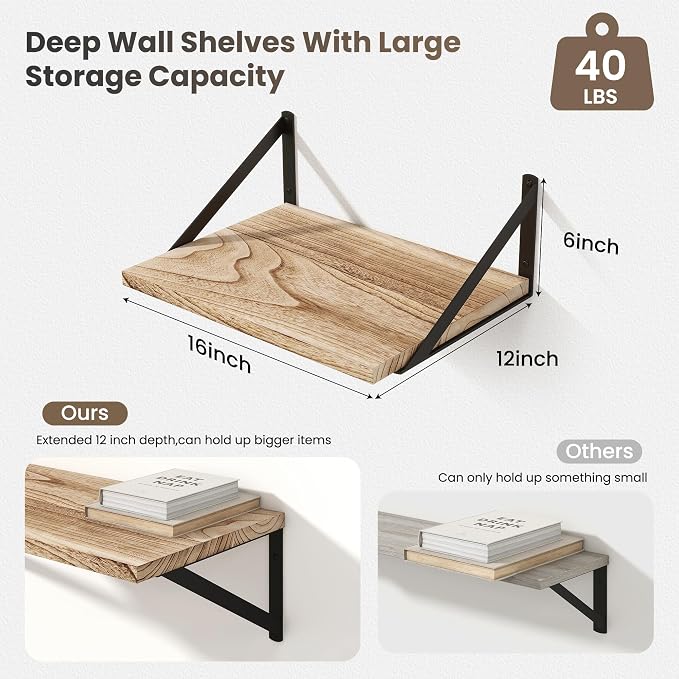 Marsmiles Deep Floating Shelves | 12 Inch Deep Light Wood Wall Shelves Set of 2 - Image 3