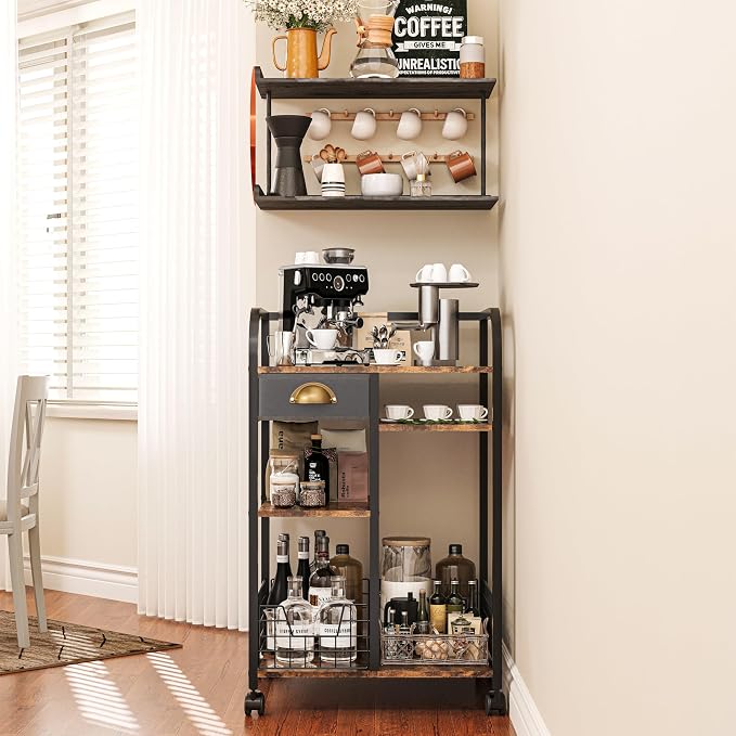 keomaisyto Coffee Cart with Storage Drawer, Coffee Bar Cabinet with Wheels - Image 4