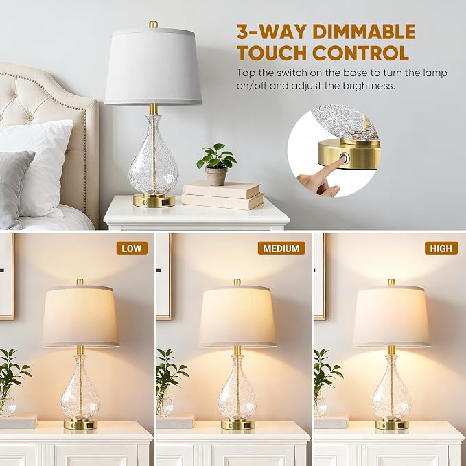 QiMH Glass Table Lamps for Living Room, Bedside Lamps Set of 2 - Image 2