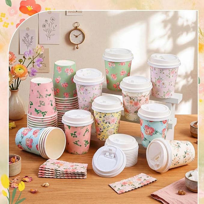 Mimorou 48 Sets Floral Coffee Cups 8oz Tea Party Cups Disposable Fancy Coffee - Image 5