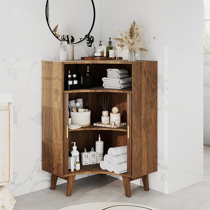 Fluted Corner Cabinet with Open Storage, Modern Floor Cabinets with Sliding - Image 7