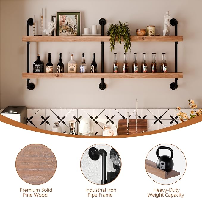 Industrial Wine Rack Wall Mounted, Solid Wood Shelf - Image 3