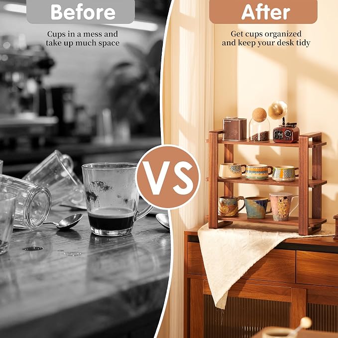 Coffee Station Organizer for Kitchen Countertop Mug Holder 3 Tier Wooden Cup - Image 5