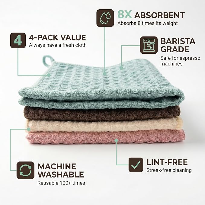 Microfiber Cleaning Cloths for Coffee Bar Accessories 4 Pack Ultra Absorbent - Image 3