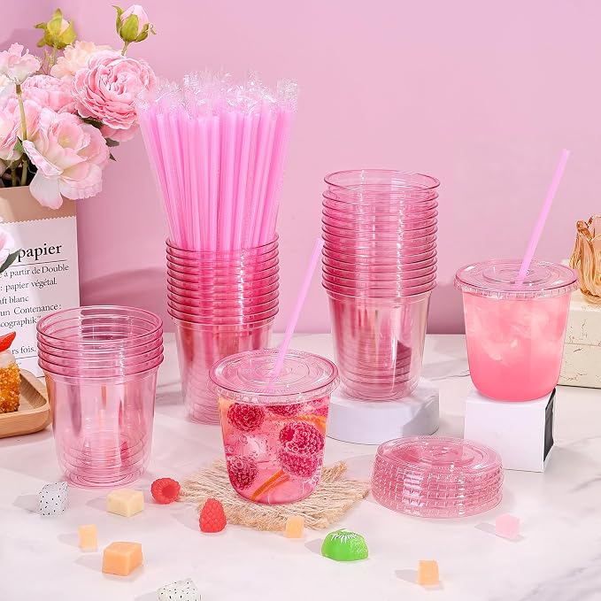 tchrules 100 Set 12oz Pink Plastic Cups - Image 3