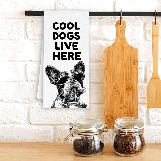 Funny Dog French Bulldog Kitchen Towels, Cool Dogs Live Here Dish Towel Gifts - Image 2