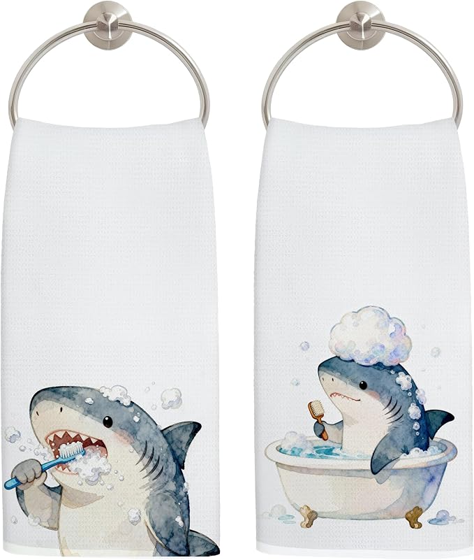 Funny Shark Bathroom Hand Towels, Shark Lover Gifts, Humor Bathing Sharks by Unknown