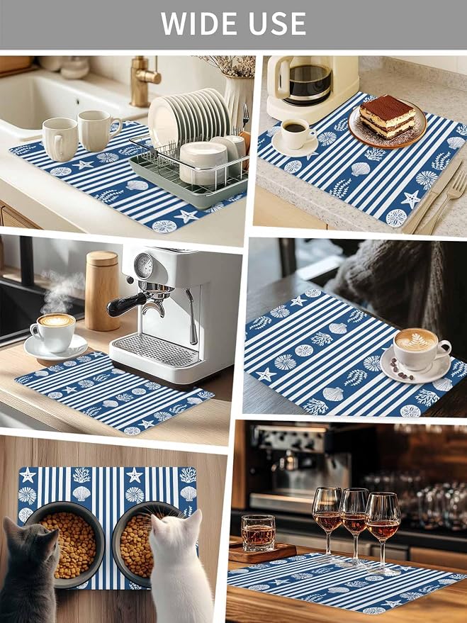 Striped Coffee Mat Ocean Navy Blue Starfish Shell Jellyfish Coral Absorbent Bar - Image 8