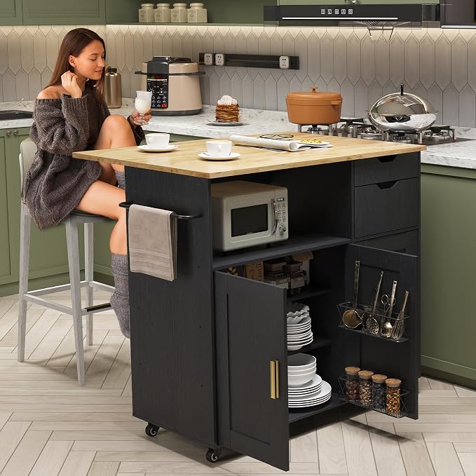 Kitchen Island Cart with Power Outlet, Rolling Kitchen Cart on Wheels with - Image 2
