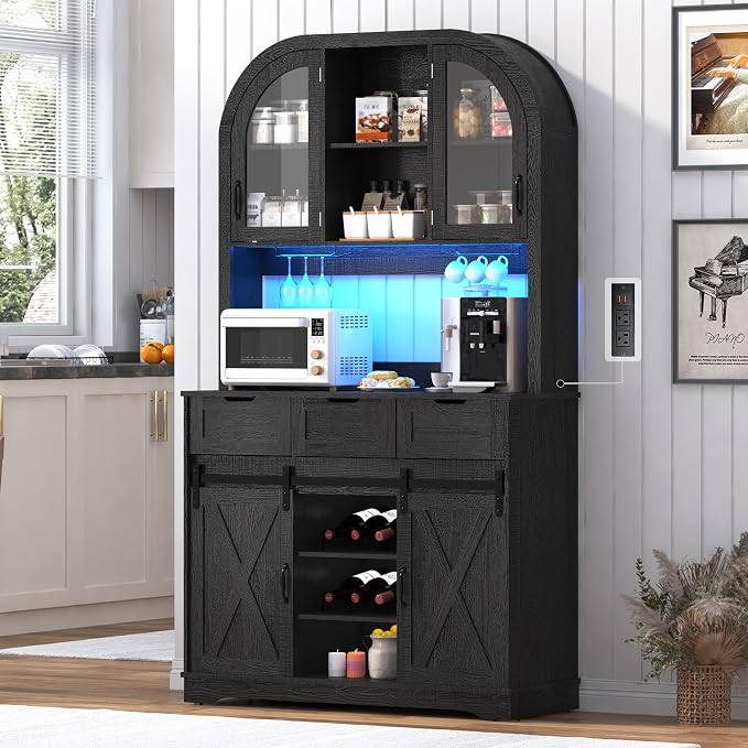 72" Tall Arched Pantry Cabinet w/Power Outlet, LED Lights, 3 Drawers, Glass Door by chartustriable