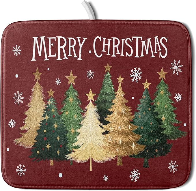 Xmas Tree Red Dish Drying Mat for Kitchen Counter, Winter Snowflake Drying Mat by Sweetshow