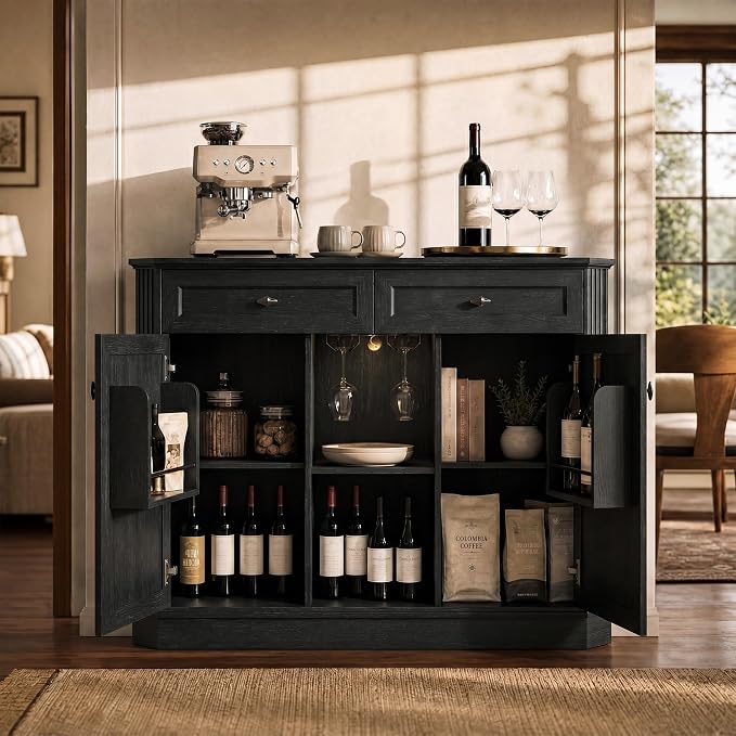 Black Coffee Bar with 2 Drawers & 2 Doors, LED Wine Bar Cabinet with Wine - Image 2