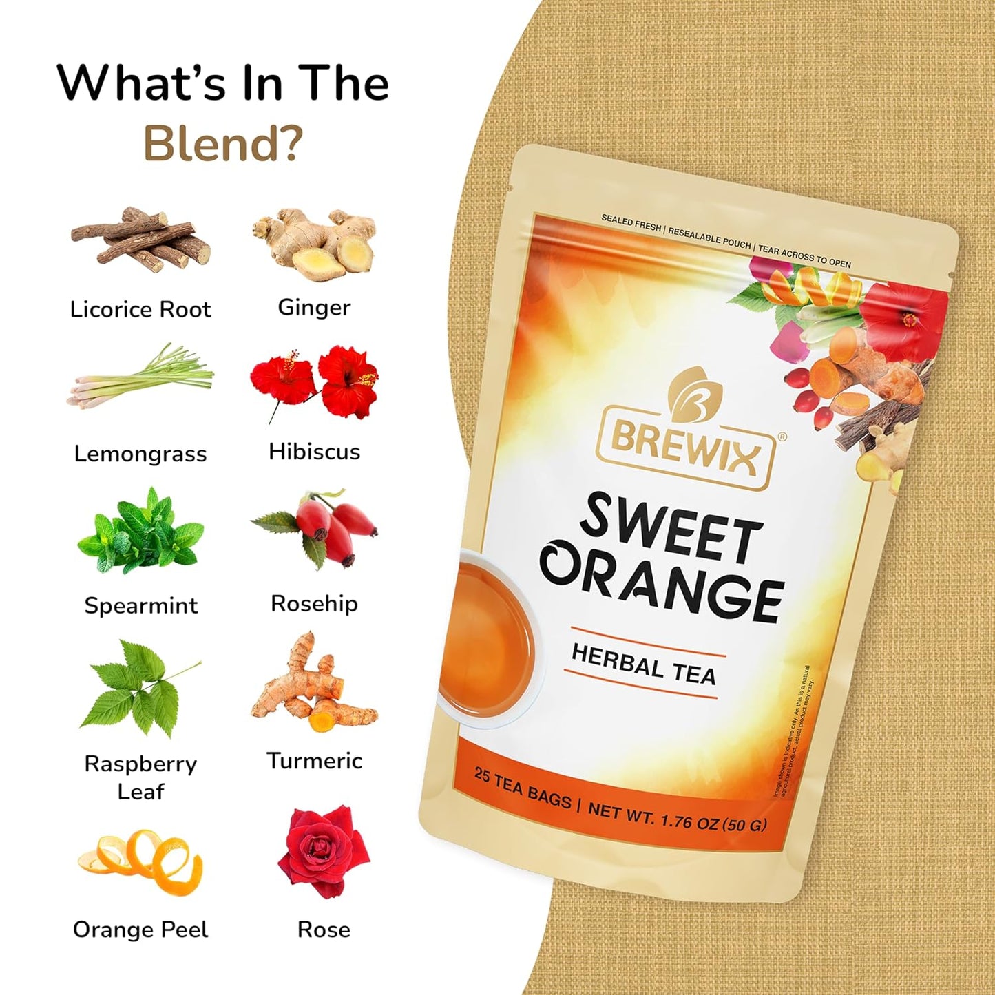 BREWIX, Sweet Orange Hibiscus Tea Bags (25 Pyramid Tea Bags) Caffeine-Free Herbal Tea | Ginger, Hibiscus, Spearmint, Rosehip, Turmeric | Supports Daily Balance & Calm | For Health & Wellbeing | Iced and Hot