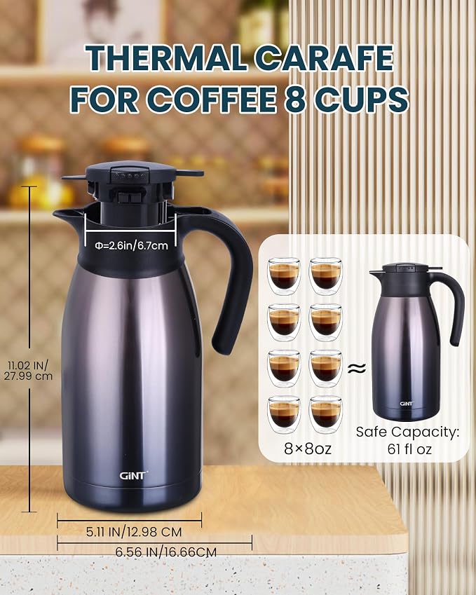 GiNT 1.9L / 64Oz Thermal Coffee Carafe, Insulated Stainless Steel Coffee Carafes - Image 5