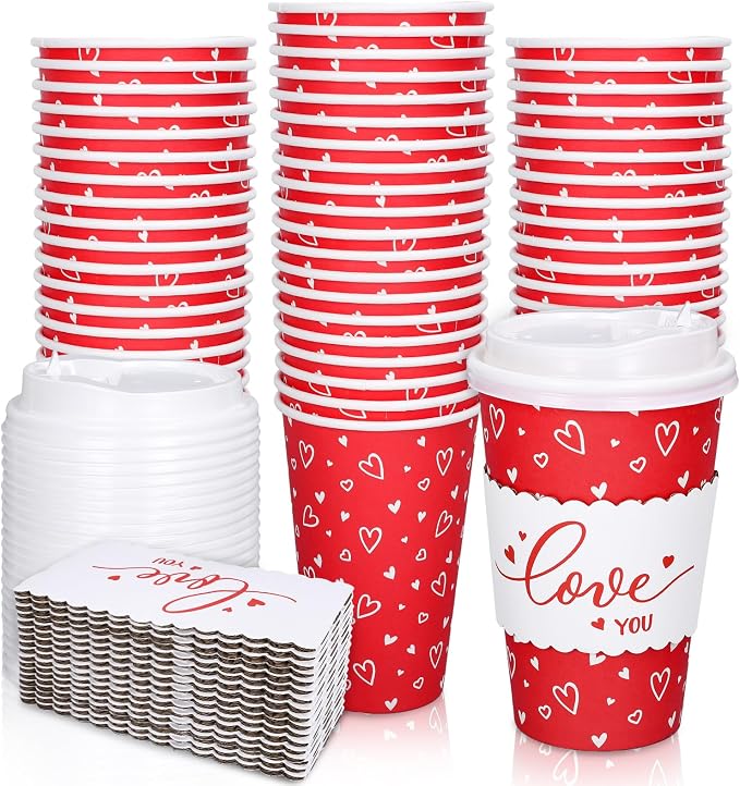 Whaline 50 Set Valentine's Day Red Heart Disposable Coffee Cups by Whaline