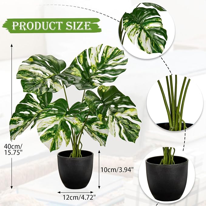 Briful Fake Plants Variegated Monstera Leaves Faux Plant Indoor in Black Pot - Image 2