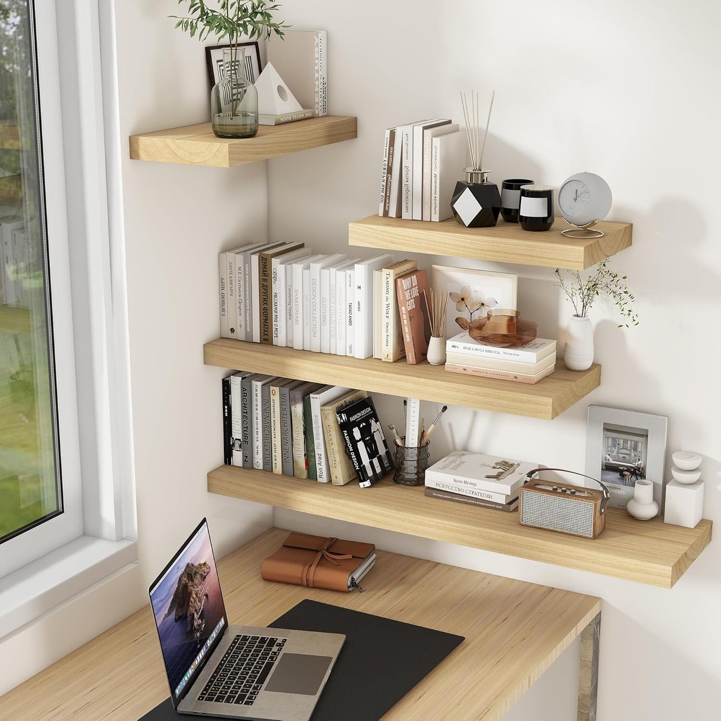 Fun Memories Deep Floating Shelves, Solid Wood Floating Shelves Wall Mounted, 9.3" Deep Wall Shelf for Living Room, Bedroom, 36 x 9 Large Floating Shelf for Books, Burlywood, Set of 2