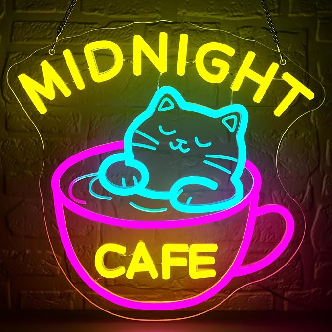 Midnight Coffee Cat Neon Sign for Wall Decor Dimmable Cafe LED Light Sign for by BlecodeNeonSign