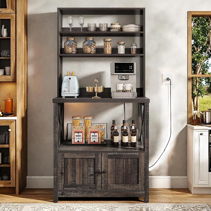 DWVO Baker Rack with Power Outlet and Storage, Farmhouse Microwave Stand with by DWVO
