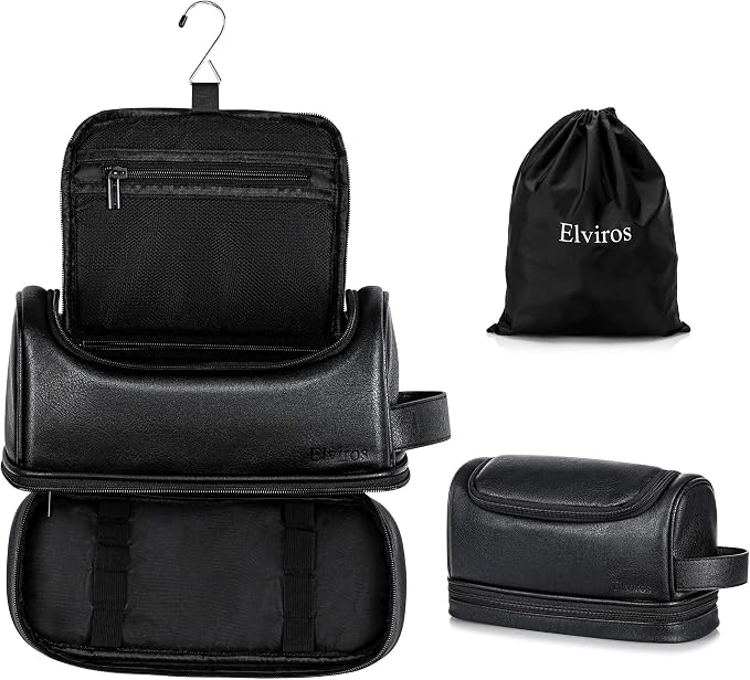 Elviros Toiletry Bag for Mens PU Leather Travel Organizer Kit by Elviros