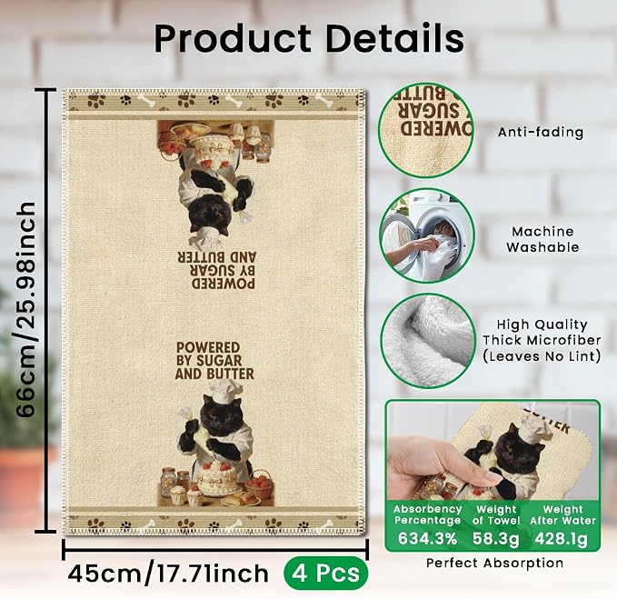 CUTHOLLOW Baking and Cats Decorative Kitchen Towels Set of 4, 25.98"x17.72" - Image 2