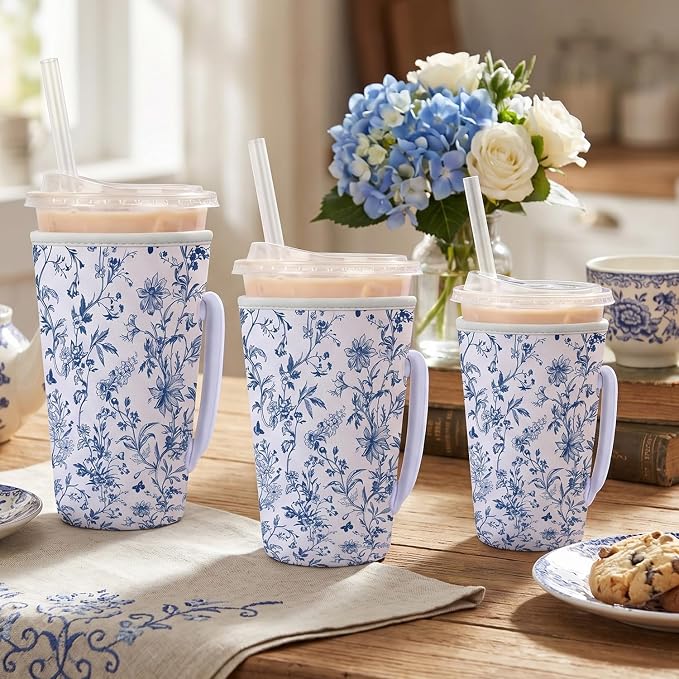 Blue Floral Reusable Insulated Iced Coffee Cup Sleeve, Flower Insulated Cup - Image 5