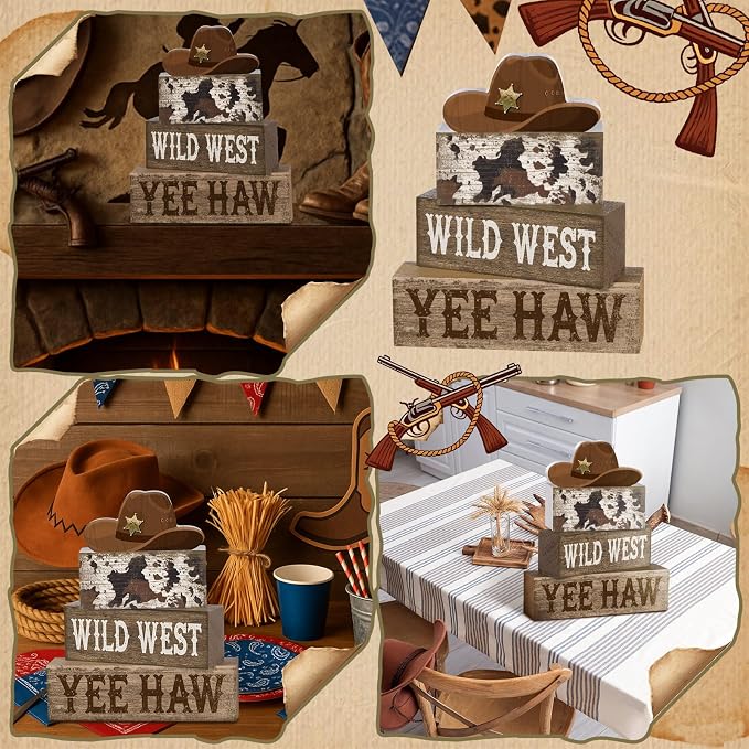 Yuntau 4 Pcs Western Tiered Tray Decorations Set Cowboy Hat Stack Block Signs - Image 5