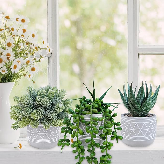 Winlyn Set of 3 Mini Faux Succulent Potted Plants Artificial Aloe Hops String - Image 8