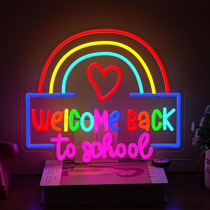 Welcome Back to School Neon Sign Rainbow Heart LED Neon Light USB Powered Back by QNATLHMX