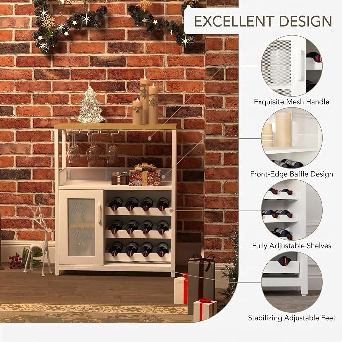 Wine Bar Cabinet, 3-Tier Removable wine rack cabinet glass holder, Mesh door - Image 4