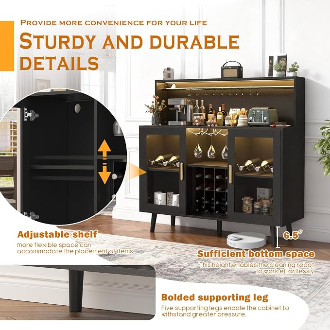 Wine Bar Cabinet with LED Light, Liquor Coffee Cabinet Bar w/Wine Rack & Glass - Image 3