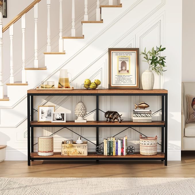 3-Tier Industrial Bookshelf, Wide Wood Horizontal Bookcase, Open Large Book - Image 5