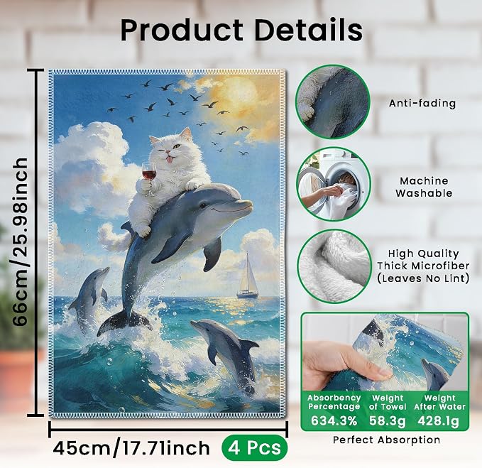 CUTHOLLOW Interesting Surfing Cat Decorative Kitchen Towels Set of 4, - Image 2