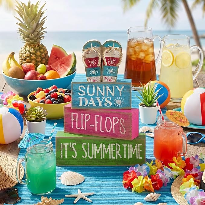 Lineshading 4 Pcs Summer Table Decorations Wooden Flip-flop Stacked Block Decor - Image 6