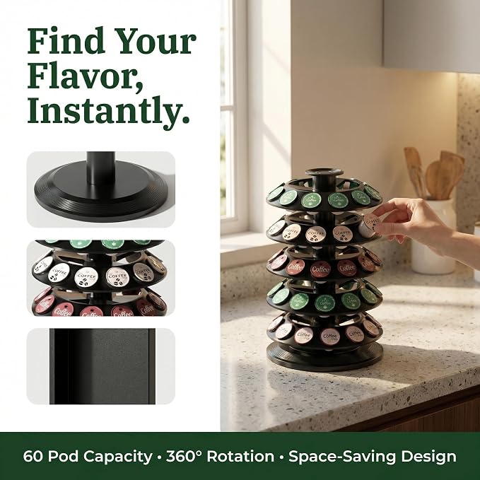 SAVORI 60 Capacity Rotating Nespresso Vertuo Pod Holder, 5-Tier Black Coffee - Image 3