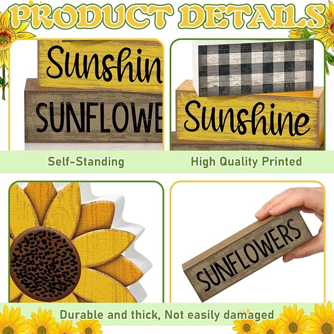 Yuntau 4 Pcs Sunflower Decorations Sunflower Wooden Sign Sunshine Table - Image 6