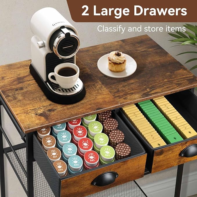 Rolling Coffee Cart with Storage Drawers, Small Coffee Bar Cabinet with - Image 4
