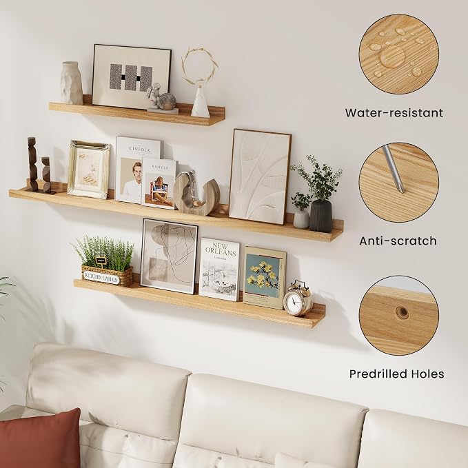 Acovy Solid Ash Wood Picture Ledge Shelf, Wood Floating Shelves Set of 2 - Image 6
