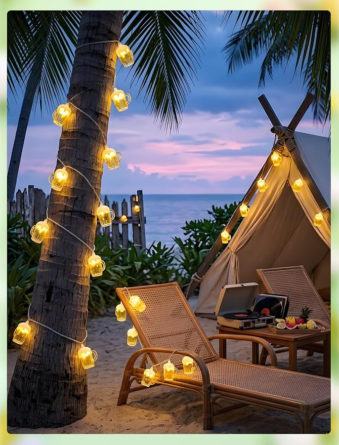 Outdoor Beer Mug String Lights Plug in, 8.5Ft 10 LED Tropical Beach Theme Beer - Image 4