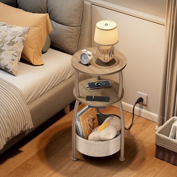 Side Table with Charging Station, Small Round End Table with Basket, USB and - Image 2