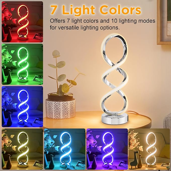 Modern Spiral RGB Table Lamp, Touch Dimmable Bedside Lamp, 7 Colors 10 Light - Image 2