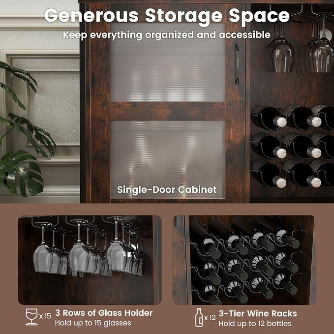 GOFLAME Wine Bar Cabinet with Wheels and LED Lights, Industrial Coffee Bar - Image 5